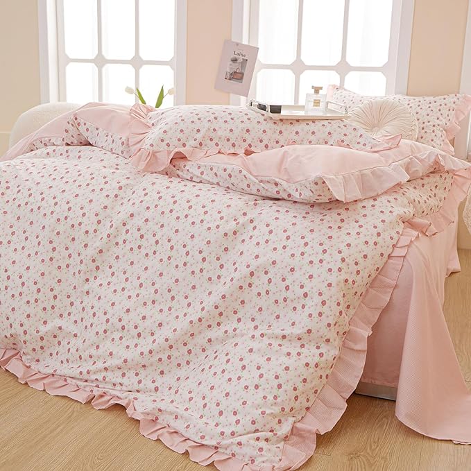 EAVD French Style Garden Pink Floral Comforter Set Queen Girls Fluffy Soft Microfiber Chic Shabby Floral Bedding Set with 2 Pillowcases Fresh Ruffled Botanical Comforter Set for All-Season