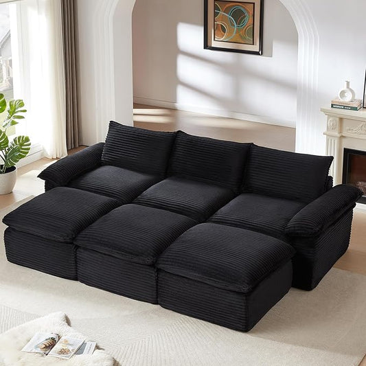 111" Cloud Sectional Couch, Corduroy Sectional Sofa with Ottoman, Boneless Couch with Deep Seat in a Box for Living Room, No Assembly Required (Black)
