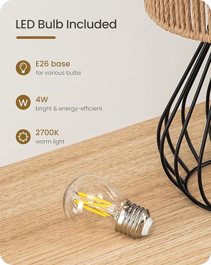Small Bedside Lamp, Boho Table Lamp with Handwoven Paper Lampshade & Black Metal Base, Rattan Desk Lamp, Modern Nightstand Lamp for Bedroom, Living Room, 2700K LED Bulb Included, SW06TL05