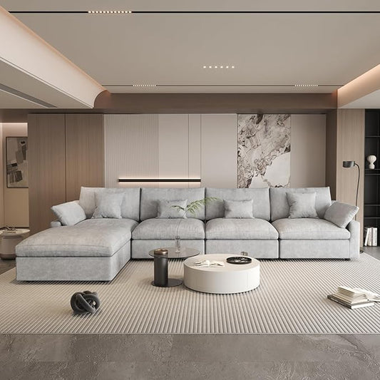 156" Cloud Couch Modular Sectional Sofa with Ottoman,L Shaped Down Filled Couch,Convertible Sofa,Cover Washable and Replaceable Couches for Living Room,Gray