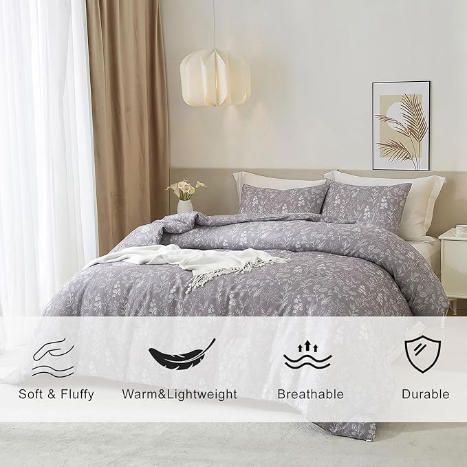 EAVD Botanical Floral Comforter Set Twin XL Grayish Purple Soft Microfiber Chic Cute Garden Floral Bedding Comforter Set 1 Twin XL Comforter and 2 Pillowcases Fresh Botanical Comforter for All-Season
