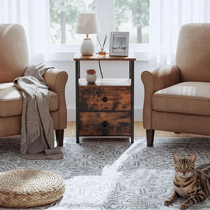 AMHANCIBLE End Table Living Room with Charging Station, Side Table with Fabric Drawer, Small Side Table with USB Ports and Outlets for Small Spaces Rustic Brown and Black HET05XBR1