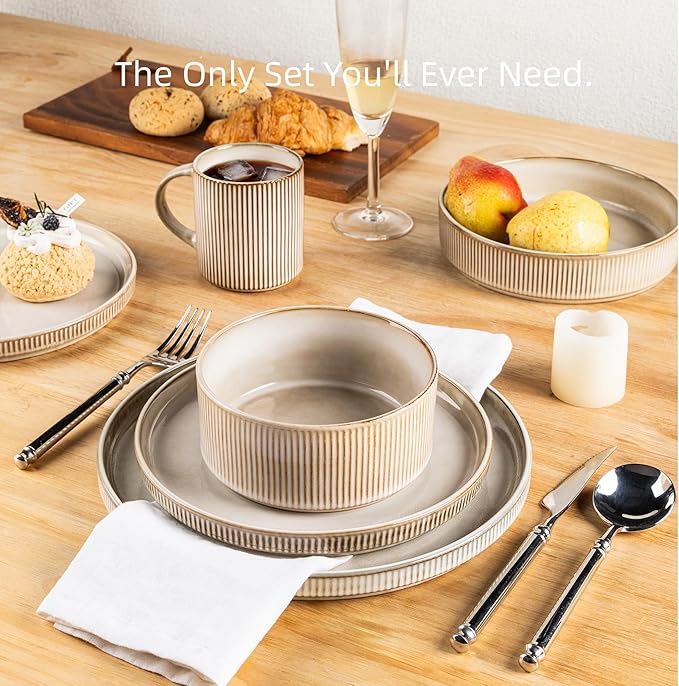 GBHOME Stoneware Dinnerware Sets for 8,Round Reactive Glaze Ceramic Plates and Bowls Set,Highly Scratch Resistant| Dishwasher & Microwave Safe Dishes Set,Service for 8(24pc)，Cappuccino