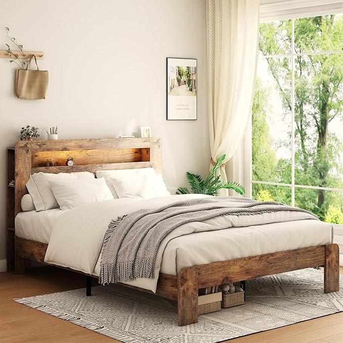 Wood King Size Bed Frame with Headboard, Farmhouse Platform Bed Frame with Bookcase Shelf,LED Lights,Charging Station,Heavy Duty Supports,No Box Spring Needed,Dark Brown