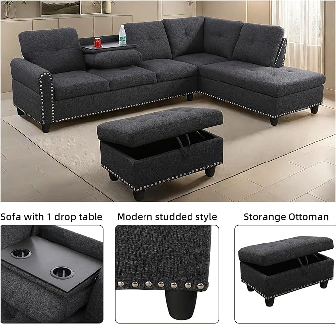 Large Storage Ottoman Sectional Sofa, L-Shaped Couch with Reversible Chaise, Space Saving Design, Gray Fabric with Accent Pillows. (Dark Gray)