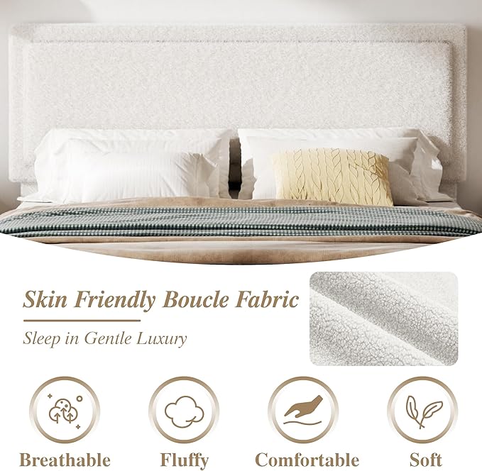 King Size Bed Frame with Adjustable Headboard, Boucle Cloud Platform Bed with Wood Slats, Mattress Foundation, No Box Spring Needed, Easy Assembly, Beige