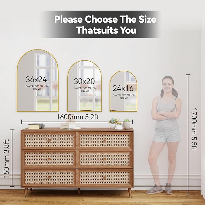 24x36 Arch Mirror Rectangle Full Length Wall Mounted Hanging or Against Wall Metal Aluminum Alloy Frame Dressing Make-up Mirrors for Entryway Bedroom Bathroom Living Room 24 36 inch Gold