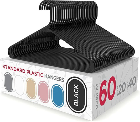 Sharpty Plastic Hangers Clothes Hangers for Clothing, Closet, Coats & Shirts - Durable, Thick, Tough & Space Saving - for Everyday Standard Use, Room Essentials & Basics - 60 Pack - Black