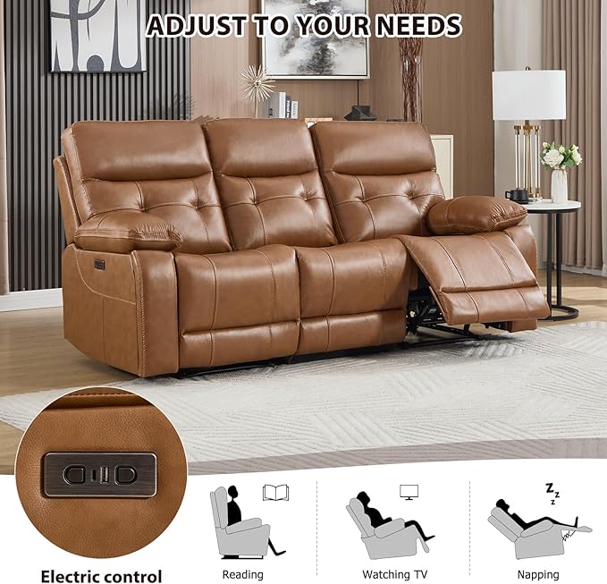 CANMOV Genuine Leather Power Recliner Sofa,3 Seater Reclining Sofa with Comfortable Arms and Back,Modern Electric Recliner Couch Set with Hidden Cup Holders,USB Port for Living Room,Brown