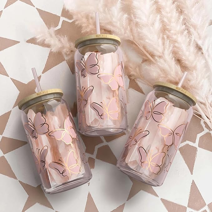 Butterfly 16 oz Mason Jar Cups | Bamboo Lids & Straws | Glass Cups for Iced Coffee, Boba & Smoothies