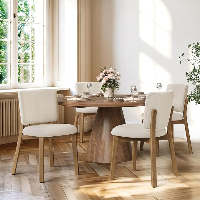 LUE BONA Wooden Dining Chairs Set of 4, Comfortable Wide Back Kitchen Side Chairs, Strong Thick Legs for Modern Farmhouse Dining Room, Linen Upholstered and Natural Wood Legs