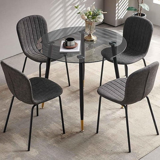 Glass Round Dining Table Set for 4, 35.43" Round Kitchen Table Transparent with 4 Upholstered Accent Chairs Space Saving Dining Chairs for Small Spaces