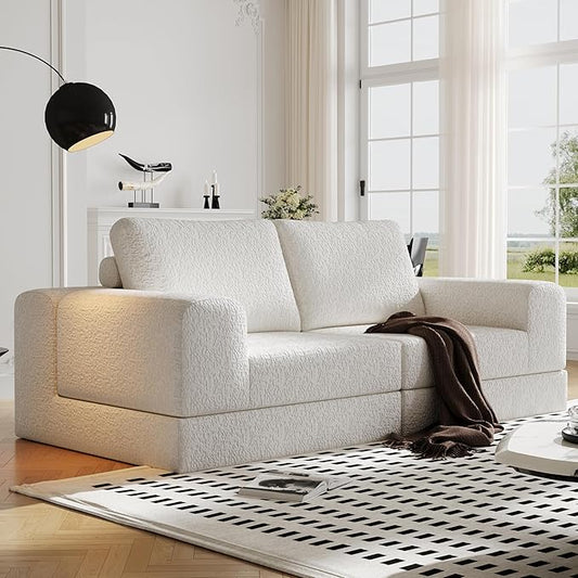 Cloud Modular Sectional Sofa, DIY Combination Modular Couch for Living Room, Unique Knitted Fabric Love Seat Couches with 2 Pillows, 2 Seater Comfy Sectional Couch with No Assembly (Beige)