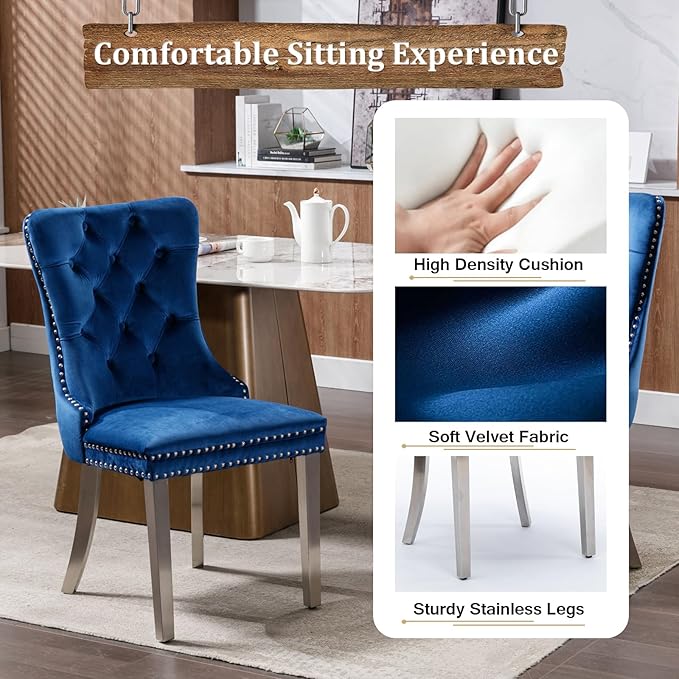 Goujxcy 70" Marble Dining Table Set for 6, Modern 7 Piece Dining Room Table Set with White Faux Marble Dining Table & 6 Blue Velvet Upholstered Chairs, Luxury Silver Kitchen Table Chairs Set of 6