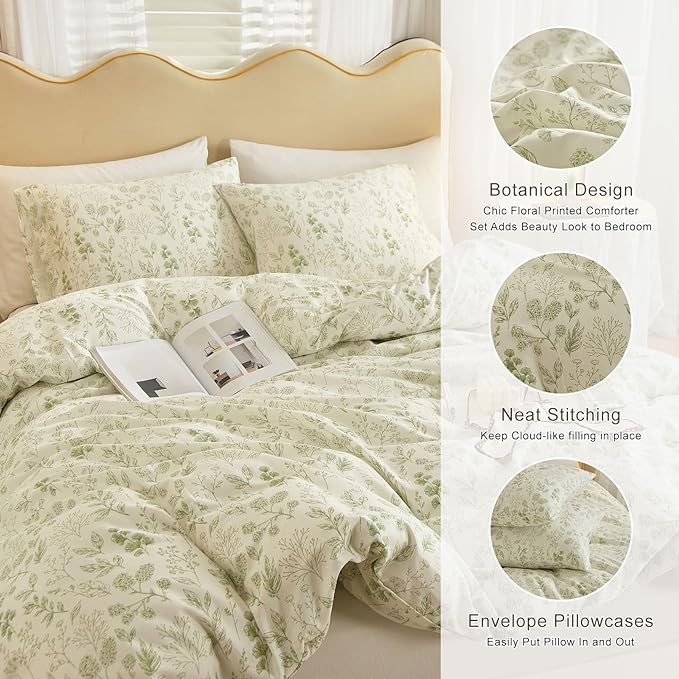 EAVD Fresh Green Floral Comforter Set King White Fluffy Soft Microfiber Chic Garden Floral Bedding King Bed Comforter and 2 Pillowcases Reversible Vintage Botanical Comforter Set for All-Season