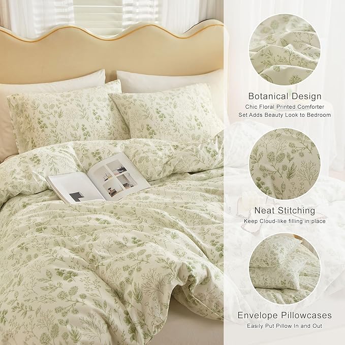 EAVD Fresh Green Floral Comforter Set Full White Fluffy Soft Microfiber Chic Garden Floral Bedding Full Bed Comforter and 2 Pillowcases Reversible Vintage Botanical Comforter Set for All-Season