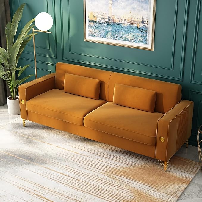 85.63" Velvet Sofa,Modern Loveseat Couch with Pillows Set of 2 for Living Room,Bedroom,Apartment Furniture with Gold Metal Legs (Orange)