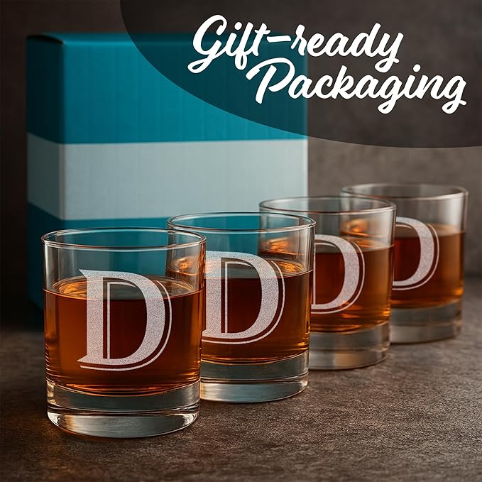 Monogrammed Gifts for Men - 4PC 11 Oz Custom Whiskey Glasses (D-Monogram) - Engraved Whiskey Glasses - Personalized Rocks Glasses - Unique Bourbon Glasses - Personalized Glass Gifts for Dad