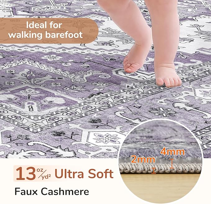 OPPODREAM Thin Area Rugs 4x6, Low-Pile Washable Rugs 4x6 with Non Slip Backing, Faux Cashmere 4 x 6 Throw Carpet, Purple