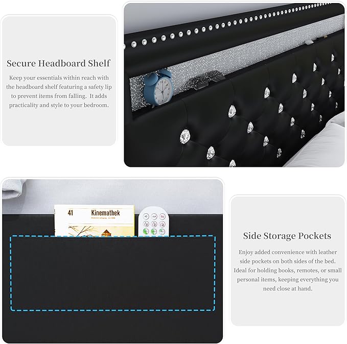 King Led Bed Frame with 2 Drawers, Heavy Duty King Size Platform Bed with Storage, Upholstered Bed Frames with Adjustable Headboard, Solid Support, No Box Spring Needed, Easy Assembly, PU Black