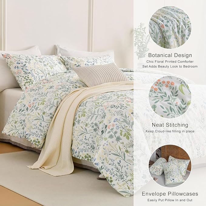 EAVD Vintage Botanical Floral Comforter Set Full Soft Microfiber Cute Colorful Floral Leaves Pattern Bedding Set 1 Full Comforter and 2 Pillowcases Fresh Garden Botanical Comforter Set for All-Season