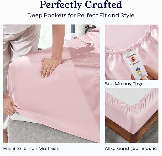 California Design Den Natural 100% Cotton Sheets, Soft Queen Sheet Set, 400 Thread Count Sateen, Deep Pockets with All-Around Elastic for a Snug Fit, Cool & Durable Bedding Set - Pink