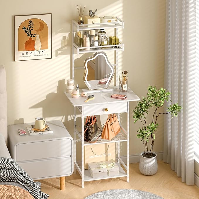Small Vanity Desk Without Mirror, Makeup Vanity Table for Small Space, Compact White Dressing Table with Fabric Drawers, Makeup Vanity with Storage for Bedroom, White, 23.6in（W）