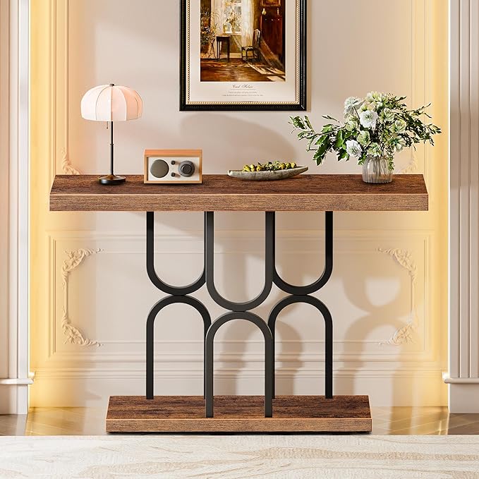Huuger 47.2 Inch Entryway Table, Industrial Console Sofa Table, Narrow Accent Table, for Entry, Hallway, Entrance, Foyer, U-Shaped Metal Base, Rustic Brown