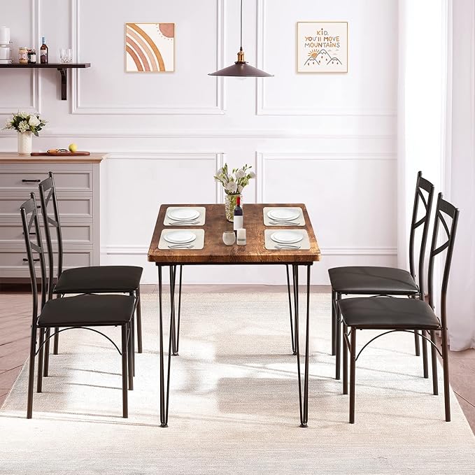 VECELO 5-Piece Dining Table Set for Home Kitchen Small Space Breakfast Nook, 4 Faux Leather Metal Frame Chairs, Retro Brown,Set for 4