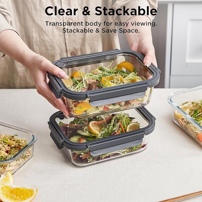 Glass Food Storage Containers with Glass Lids, 4 Pack Meal Prep Container with Airtight Lids, Microwave Safe Food Container Set, BPA Free, LeakProof, Ideal for Lunch