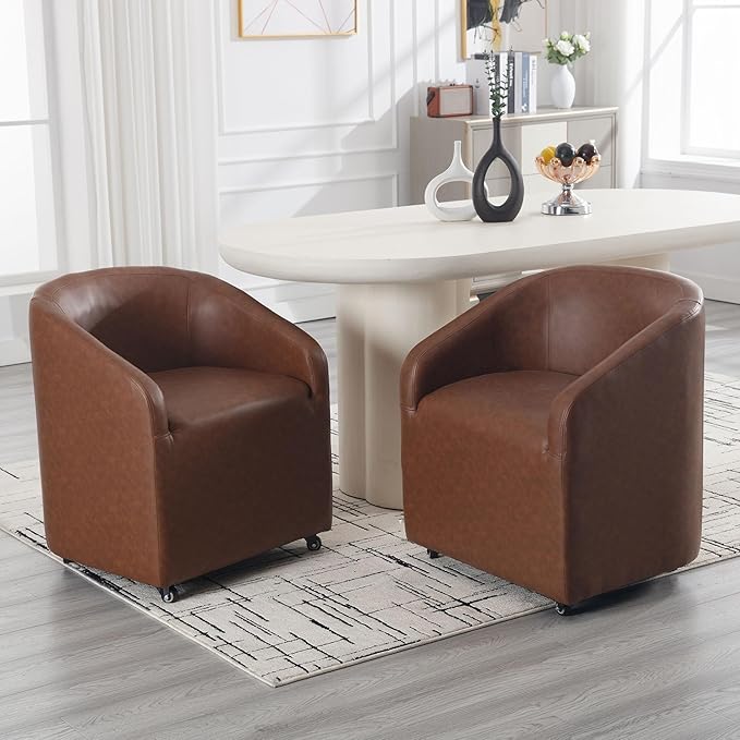 Brown Barrel Dining Chairs Set of 4, Modern Swivel Barrel Chairs with Casters Arms Comfy Faux Leather Upholstered Rolling Dining Chairs with Rollers for Living Room Reading Room Bedroom