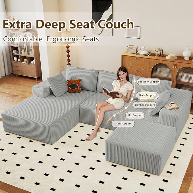 96" U-Shape Cloud Couch, Modern Modular Sectional L-Shape Sofa with Ottoman, Corduroy Upholstered Couches Deep Seat Chaise Longue for Living Room, No Assembly Required(Light Gray, Left Facing)