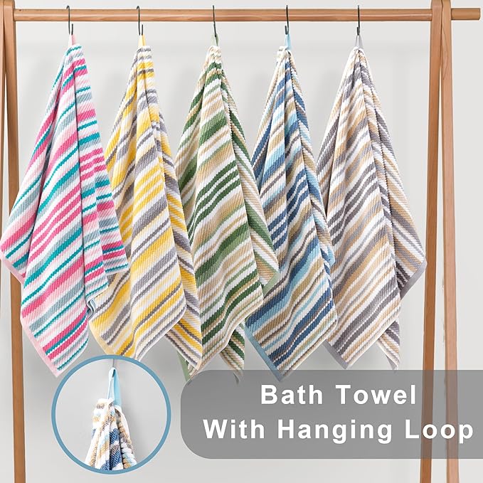 Pink Soft Towel Set (6PC, 100% Cotton), 2 Bath 28"x52", 2 Hand 16"x27", 2 Wash Cloth 13"x13, Quick Dry Towels with Hanging Loop, Striped Absorbent Towels Set for Bathroom & Guest, Pink and Aqua Stripe