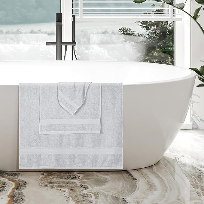 BOUTIQUO Ultra Soft 3 Pack Cotton Towel Set, Contains a Bath Towels 27x54 inch, a Hand Towels 16x24 inch & a Wash Coths 12x12 inch, Ideal Everyday use, Compact & Lightweight - Light Grey