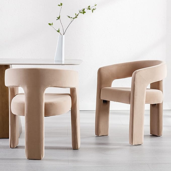 Modern Barrel Dining Chairs Set of 3, Velvet Upholstered Accent Side Chair with Arms Comfy Makeup Vanity Chairs, Dining Living Room Kitchen Chairs, Khaki
