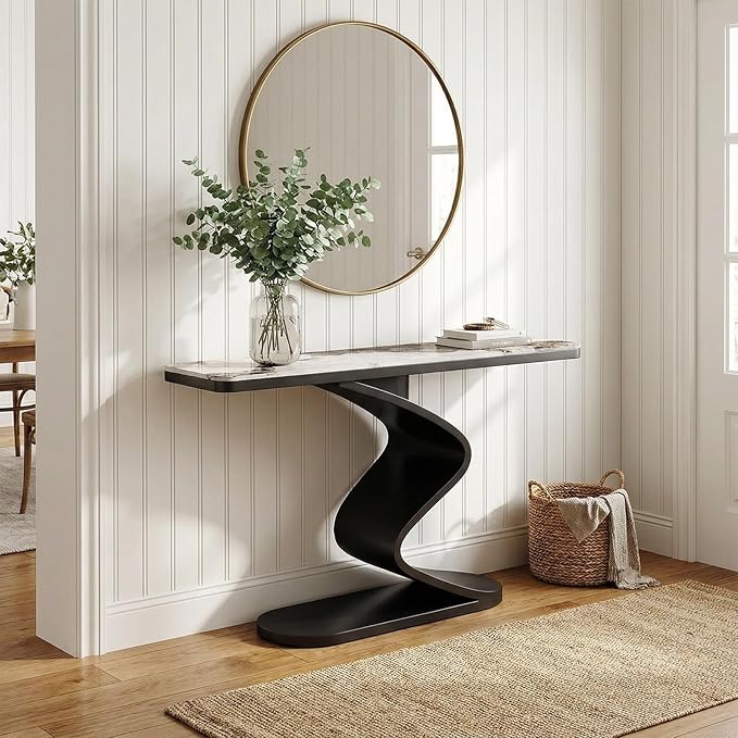 Modern Console Table with Sintered Stone Top, 47" Entryway Table with Sculptural S-Shaped Base Narrow Hallway Sofa Table Behind Couch for Living Room, Accent Furniture(Black,59"x11.8"x31.5")