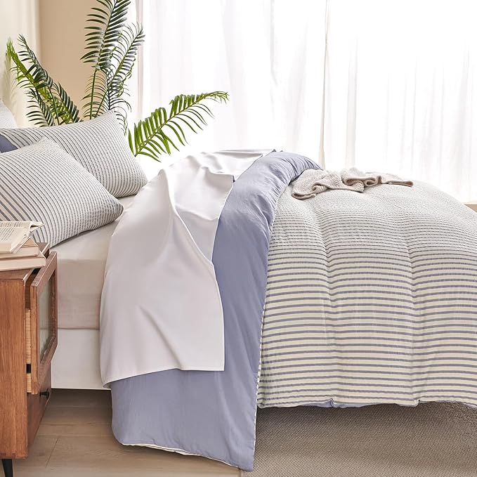 Striped Comforter Queen Blue Soft Luxury Washed Microfiber Jacquard 3 Pieces Bedding, White Blue Vertical Ticking Stripes Pattern Comforter with 2 Pillowcases Breathable Durable Comfy