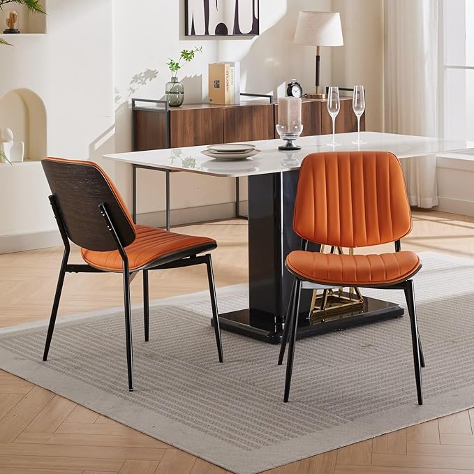 Dining Chairs Set of 6, Mid Century Modern Accent Dining Room and Kitchen Chairs, Upholstered PU Leather Vertical Stripe Chairs for Vanity with Walnut Bentwood and Metal Legs, Orange
