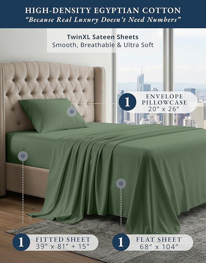 LANE LINEN 100% Egyptian Cotton Twin XL Sheets Set, Soft & Comfy Thick Fully Elasticized Mercerized Cotton Sheets Twin Sheets, No Pill Fade Resistant Elegant Jaquard Swiss Dot - Iceberg Green