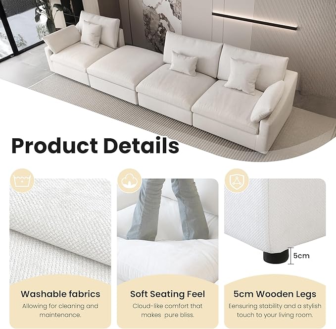 Cloud Modular Sectional Sofa Couch for Livingroom,82inch Down Filled Convertible Sectional Sofa for Living Room Set,Wide Seat LoveSofa,Covers Washable&Replaceable, White