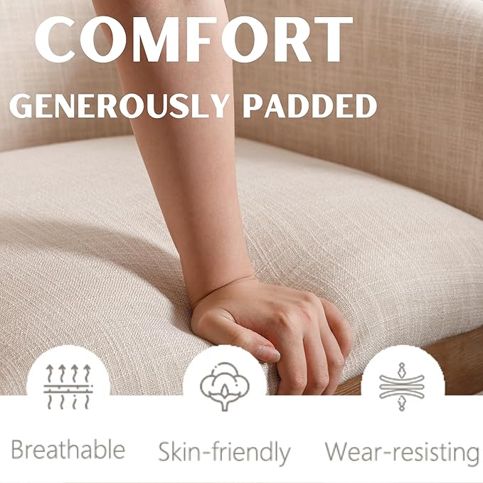 Dining Chairs Set of 6 Mid-Century Modern Dining Chairs, Linen Upholstered Kitchen Dining Room Chairs, Curved Backrest Dining Chair with Wood Legs, Beige