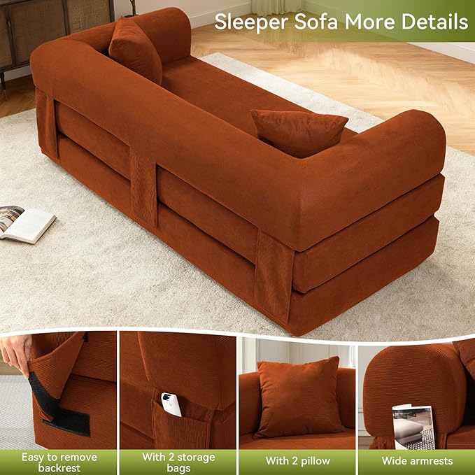 Convertible Futon Sofa Bed,80" Folding Pull Out Couch Bed with Pillows & Storage Pocket, Oversized Queen Sleeper Sofa in a Box,Corduroy Boneless Couch for Living Room,Orange