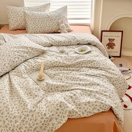 Aesthetic Floral Duvet Cover Twin 100% Cotton Boho Floral Comforter Cover White Chic Botanical French Style Duvet Cover Pink Floral Girls Flower Comforter Cover Vintage Cottagecore Bedding Set Twin