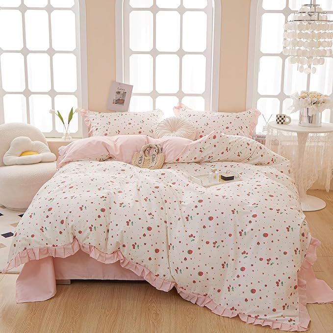Kawaii Pink Strawberry Duvet Cover Twin Cotton Girls Lace Duvet Cover Cute Ruffle Bedding Set Kawaii Strawberry Ruffle Comforter Cover Romantic Princess Bedding Cover with 2 Pillowcases