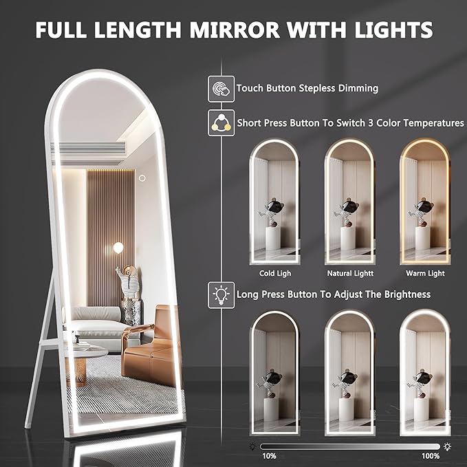 Hasipu 83" X 36" Full Length Mirror with Lights, White Frame Arch Led Mirror Full Length and 3 Colors Temperatures & Brightness Adjustable,Light Up Mirror Full Body for Bedroom Cloakroom Living Room