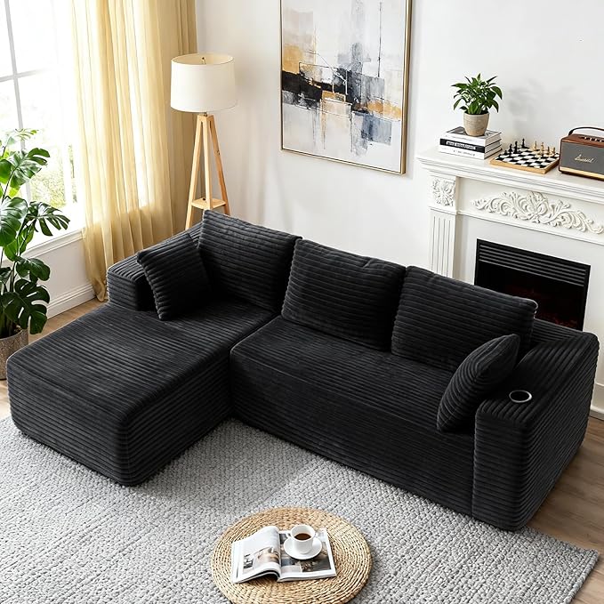 106" Cloud Couch Corduroy Modular Sectional Sofa L-Shape Boneless Couch with Wide Armrests and Cup Holders for Living Room Bedroom, No Assembly Required (Black)