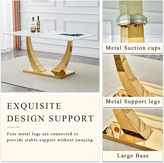 63" Modern Dining Table Set for 4, White Dining Room Set for 4, Tempered Glass Kitchen Table and PU Leather Chairs, Marble Pattern Top with Sturdy Gold Chrome Base