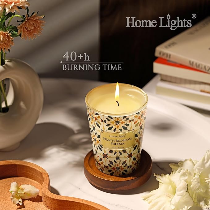 HomeLights Scented Candles for Women & Men, 6.7oz Candle Jars Aromatherapy Single Wick Candle, Ideal for Bohemian Natural Textures Home Decor and Gifts, Peach Blossom Freesia