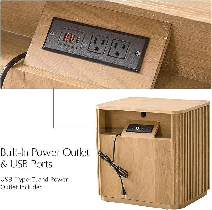 Fluted Nightstand with 3 Drawers, Modern End Table with Charging Station, USB Type-C Ports & Metal Frame for Bedroom,Natural