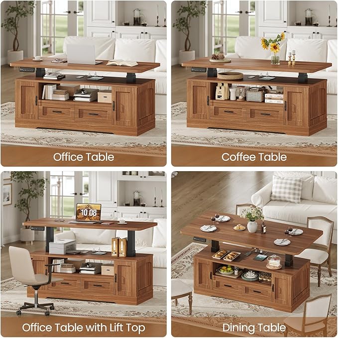 SEDETA 47.2" Electric Standing Coffee Table with Storage, Farmhouse Lift Top Coffee Table with Drawers and Open Shelves, Height Adjustable Tables with Power Outlet, for Living Room, Brown